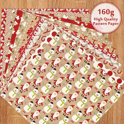 Miniatura 5 de Whaline 24 hojas de papel con patrón de Navidad, Papá Noel, reno, muñeco de nieve, álbum de recortes, papel especial de estraza de doble cara