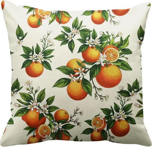 Emvency Funda de almohada decorativa con flores amarillas con frutas naranjas, flores y hojas en verde claro, funda de almohada decorativa botánica