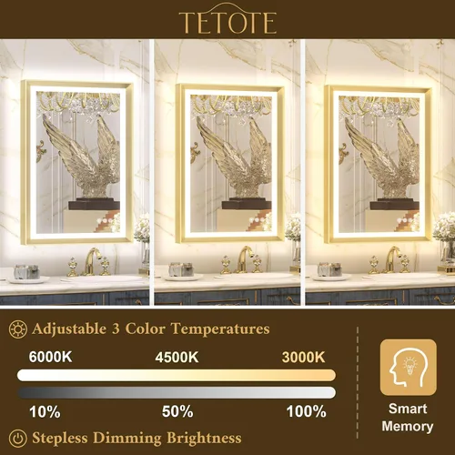 Miniatura 4 de TETOTE Espejo LED dorado para baño, marco de metal de 20 x 28 pulgadas, espejo de tocador iluminado frontal y retroiluminado, barroco, antiniebla