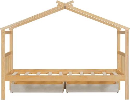 Miniatura 7 de JIVOIT Cama de plataforma de madera con dos cajones, cama de casa tamaño individual con diseño de techo, patas de pino macizo, cabecera y estribo