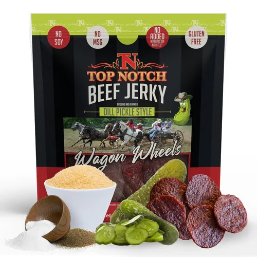 Top Notch Wagon Wheels Jerky – Snacks altos en proteínas para niños y adultos hechos de carne de res criada localmente – Rondas sabrosas de carne
