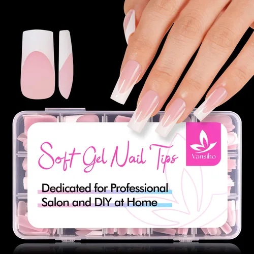 Vansiho Puntas de uñas de gel francesas rosas, puntas de uñas de gel suaves cuadradas largas, puntas francesas a presión, caja de 150 unidades de