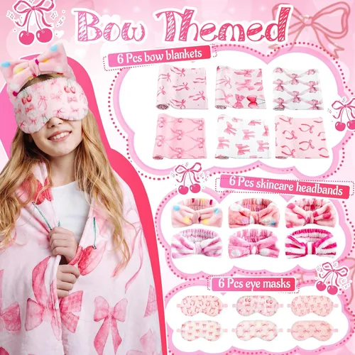 Miniatura 2 de Fanfanwin 18 piezas de suministros para fiesta de pijamas para niñas, 6 estilos de linda manta con lazo rosa, 6 cintas para la cabeza de spa