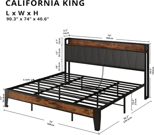 Miniatura 121 de LIKIMIO Base de cama Queen, cabecera de almacenamiento con estación de carga, sólida y estable, sin ruido, no necesita somier, fácil montaje Vintage
