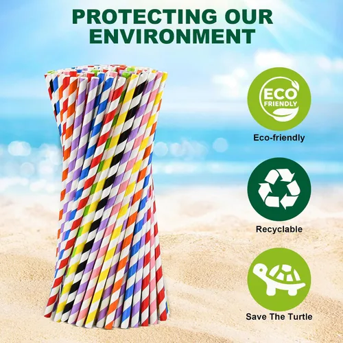 Miniatura 7 de Pajitas de papel desechables envueltas individualmente de 7.75 x 0.24 pulgadas, rayas coloridas [400 unidades] - biodegradables ecológicos