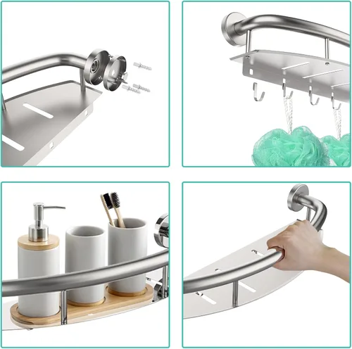 Miniatura 4 de Barra de seguridad de níquel cepillado de 18 pulgadas con estante de almacenamiento para bañera o ducha, orificios de drenaje, acero inoxidable