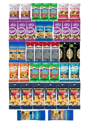 Paquetes Individuales de Nueces - Aperitivos Saludables para Adultos que Incluyen Almendras Crudas, Pistachos con Cáscara, Semillas de Girasol y