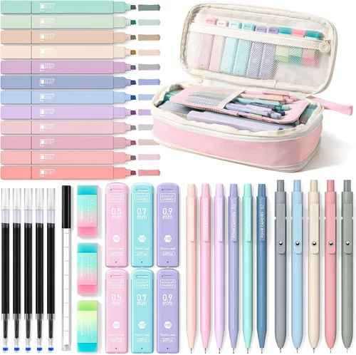 Four Candies 39 piezas de suministros escolares estéticos con bonito estuche para bolígrafos, 12 resaltadores pastel, 5 bolígrafos de gel de tinta