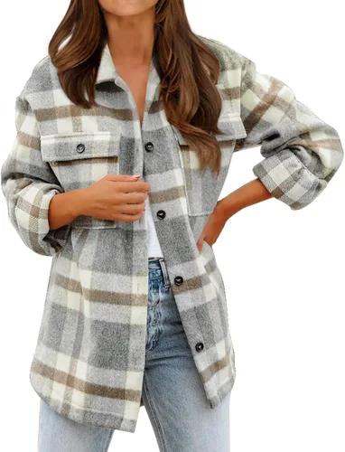 BTFBM Camisas de franela de manga larga con botones y cuello en V para mujer, blusas de franela de gran tamaño con cuello en V