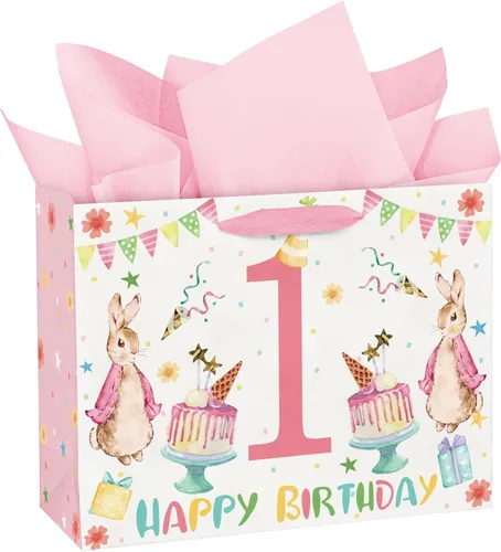 Miniatura 10 de WRAPAHOLIC Bolsa de regalo extra grande de 16" para bebé niña con tarjeta y papel de seda - Para baby shower, bebé recién nacido Jirafa bebé niña