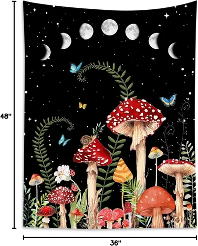 Miniatura 9 de HVEST Tapiz de hongos para colgar en la pared, tapiz bohemio de plantas y mariposas, noche con fase lunar y estrella, decoración de pared