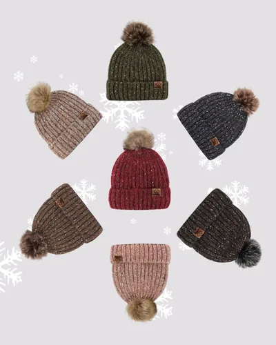Miniatura 5 de photios Gorro de punto de invierno para mujer con pompón de piel sintética de punto cálido para mujer