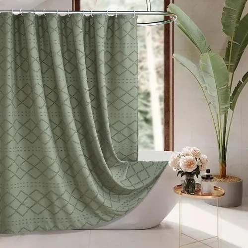 Miniatura 37 de Siiluminisoy Cortina de ducha bohemia rosa con textura y borlas de 72 x 72 pulgadas con tul, cortina de ducha de chenilla tejida con rayas chevrón