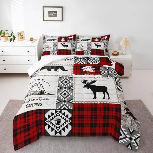 Miniatura 29 de Juego de edredón de cuernos de ciervo tamaño individual, juego de ropa de cama rústica de granja con huellas de oso y pinos para decoración