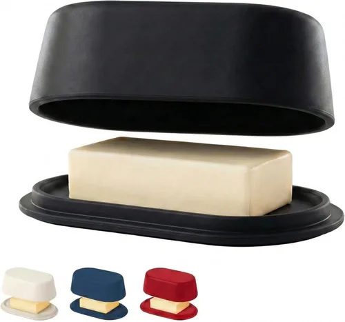 Mantequillera gris con tapa para encimera, de plástico moderno, color gris oscuro, apto para lavavajillas, recipiente para mantequilla perfecto para