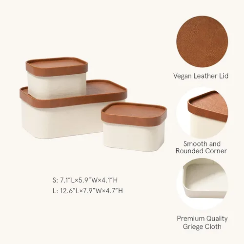 Miniatura 2 de Cajas de almacenamiento decorativas beige con tapas, cestas de almacenamiento con tapas similares al cuero, cajas de papel apilables resistentes