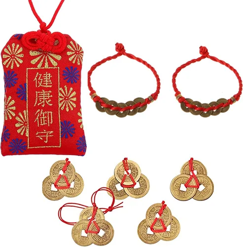Amuleto japonés Omamori de buena suerte, bolsita colgante y 5 monedas de Feng Shui chinas, pulsera de 2 monedas para buena suerte y salud