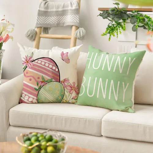 Miniatura 5 de AVOIN colorlife Juego de 4 fundas de almohada verdes de conejo de Pascua feliz de Pascua, 16 x 16 pulgadas, diseño de conejito de Pascua para sofá