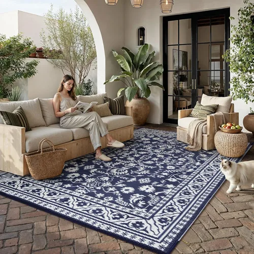Miniatura 35 de PureCozy Alfombra de paja de plástico para exteriores, color negro, beige, grande, impermeable, para patio, 5 x 8 pulgadas, geométrica, reversible