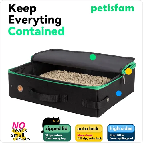 Miniatura 3 de Arenero portátil de viaje para gatos con tapa para contener arena y olor. Fácil de transportar, limpiar y almacenar. Ideal para viajes en auto, Negro