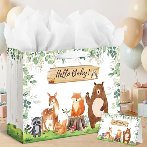 Miniatura 5 de Laidans Bolsa de regalo de 16.5 pulgadas para baby shower o cumpleaños con asa, papel de seda y tarjeta de felicitación