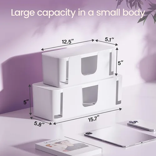 Miniatura 2 de Delamu Paquete de 2 cajas de gestión de cables, elegante caja de cables con organizador de cables para escritorio, caja ocultadora de tira de Blanco