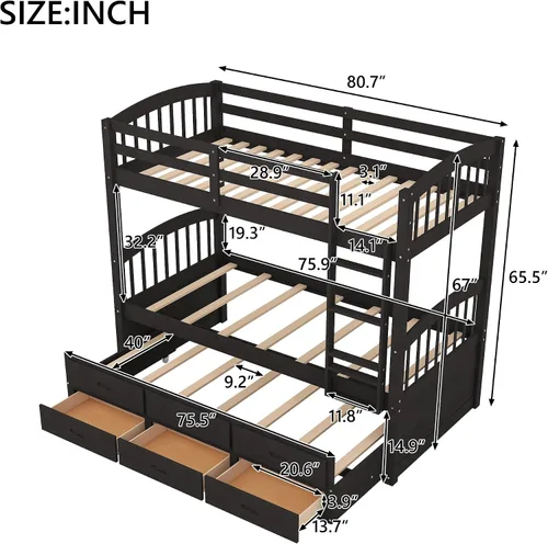 Miniatura 2 de Harper&Bright Designs - Litera individual sobre individual con barandilla de seguridad, escalera, cama nido individual con 3 cajones para niños
