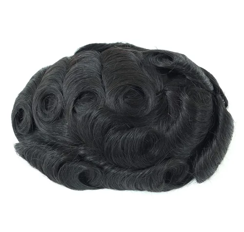 Miniatura 5 de Toupee - Sistema de reemplazo de cabello humano real negro para hombre, sistema de corte de cabello para hombres, piel fina, pelo real