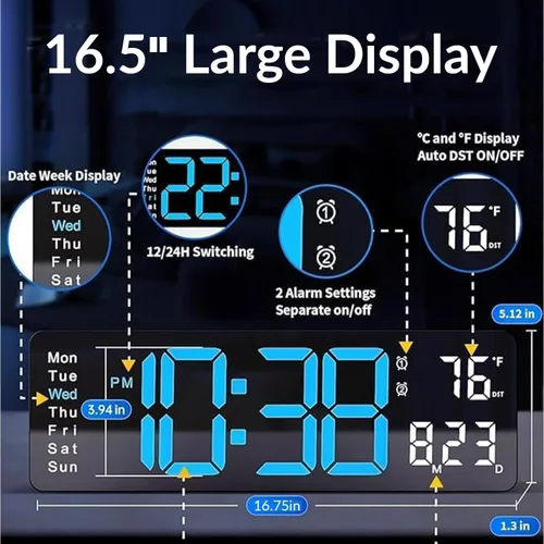 Miniatura 2 de Reloj de pared digital LED grande de 16.5 pulgadas con brillo automático, retroiluminación RGB, alarma doble, pantalla de temperatura y humedad