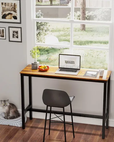 Miniatura 9 de Teraves Mesa de bar rectangular moderna, 39.37 x 17.71 x 39.37 pulgadas, parte superior de teca, base de metal negro, 4 plazas, uso en comedor y bar
