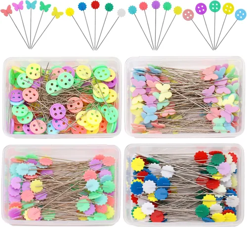 Fteven Juego de 400 alfileres rectos de cabeza plana, juego de alfileres de cabeza plana de costura, alfileres de costura de cabeza de colores,