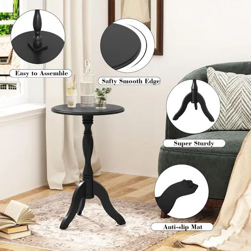 Miniatura 7 de HLR Mesa auxiliar redonda pequeña, mesas auxiliares laterales con pedestal de madera, mesita de noche vintage para sala de estar, dormitorio, Negro