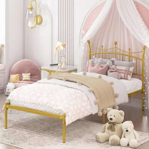 Miniatura 3 de Merronix Marcos de cama individuales para niños, cama de tamaño individual con cabecero en forma de corona, fácil montaje, no necesita somier