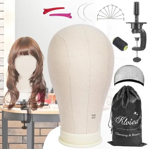 Klvied - Cabeza de maniquí de 22 pulgadas de corcho y lona para pelucas, soporte para cabeza de maniquí para exhibición y kit de fabricación de