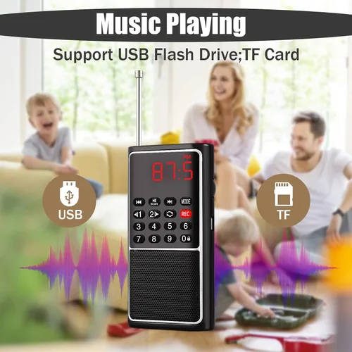 Miniatura 9 de Leting Radio portátil con altavoz MP3, radios FM portátil, soporte de radio FM, tarjeta TF/USB/grabación de música, mini radio con batería Negro