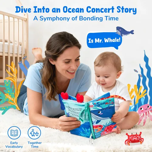 Miniatura 8 de JoyCat Ocean Libros de Bebé Juegos 0-6 Meses, Libros de Tela para Baby Shower Regalos para Recién Nacidos para Niños Niñas Relleno de Medias, Libro