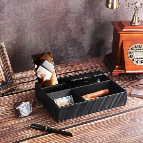 Miniatura 6 de BEWISHOME Bandeja organizadora de aparador para hombre organizador de mesita de noche para accesorios de joyería fibra de carbono piel sintética