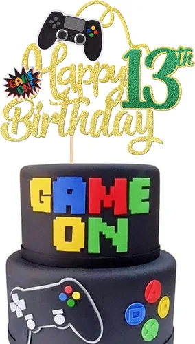 Miniatura 20 de 1 PCS Decoración para Pastel de Videojuegos Feliz Cumpleaños 14 con Purpurina, Palillo Decorativo de Pastel de Videojuegos Game On Controladores