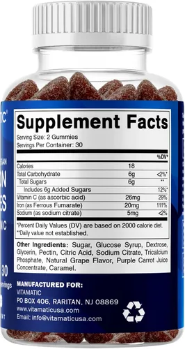 Miniatura 8 de Vitamatic Suplemento de gomitas de hierro para mujeres y hombres, porción de 20 mg, 60 gomitas veganas, vitaminas de gomitas de hierro de gran sabor