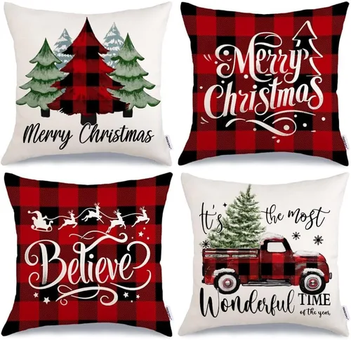 Miniatura 11 de GEEORY Fundas de Almohada Decorativas Feliz Navidad 16x16 Pulgadas Juego de 4, Árboles de Navidad Camión Cuadros Buffalo Azul Believe Estilo Granja