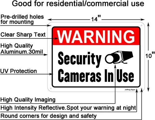 Miniatura 2 de Joffreg Señal de advertencia de cámaras de seguridad en uso, 14 x 10 pulgadas, aluminio reflectante, impresión UV, resistente a la intemperie