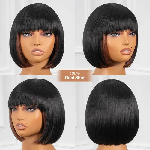 Miniatura 3 de ToyoTress Peek-a-boo Peluca de color Bob con flequillo, 8 pulgadas, mezcla de negro y marrón, pelucas Bob de corte romo, para mujeres negras, SH30