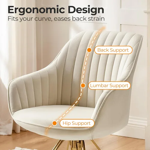 Miniatura 5 de Zouron Silla giratoria moderna de mediados de siglo con patas de metal dorado, silla de escritorio tapizada sin ruedas, silla de oficina lateral Oro