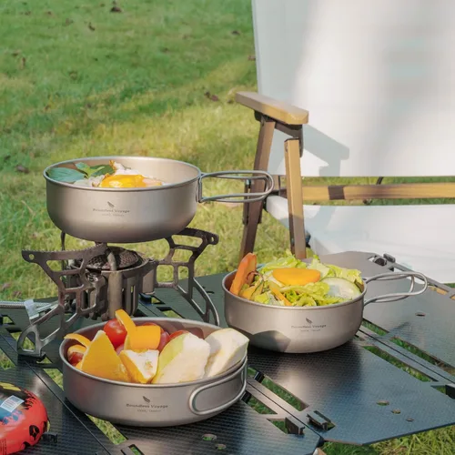 Miniatura 9 de iBasingo Juego de 3 piezas de ollas de titanio para acampar con mango plegable, juegos de ollas de cocina para campamento al aire libre