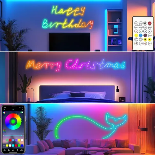Miniatura 8 de Cozylady 40 pies (20 pies * 2 rollos) luces de cuerda LED RGB de neón para dormitorio, lámpara de tira LED de 12 m con cinta adhesiva de doble cara