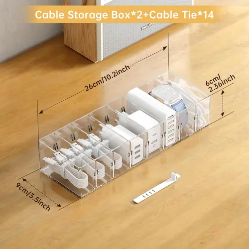 Miniatura 7 de FRETONBA Paquete de 2 Cajas Organizadoras de Almacenamiento de Cables con 8 Compartimentos y 14 Sujetadores de Alambre, Organizador de Cargadores
