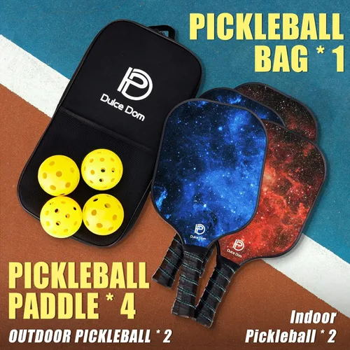 Miniatura 6 de Dulce DOM Juego de 2/4 palas de pickleball aprobadas por USAPA, 4 bolas de pickleball para interiores y exteriores, raqueta de superficie de fibra
