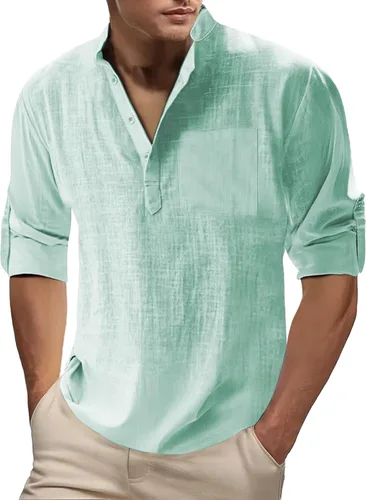 Miniatura 11 de Camisa de lino para hombre, manga larga, Henley, casual, verano, grande, alta, algodón, ligera, para negocios, trabajo, vacaciones, crucero