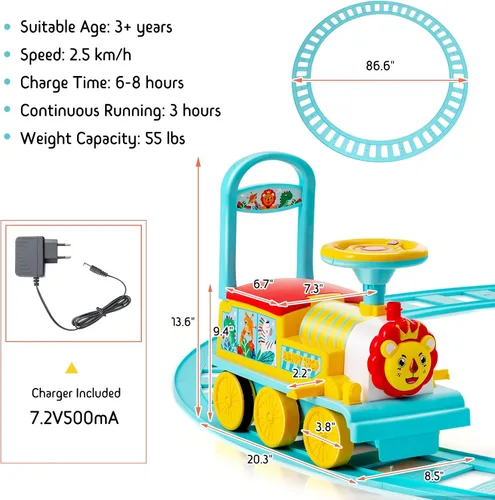Miniatura 7 de GLACER Tren de paseo con 16 pistas para niños, juguete eléctrico con luces y sonidos, caja de almacenamiento debajo del asiento y pedales Azul