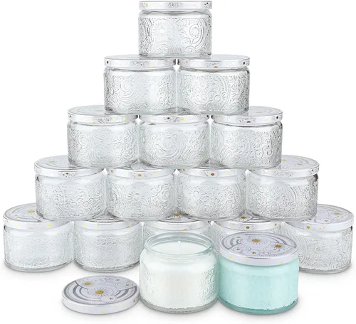 Paquete de 18 unidades de recipientes de vela de vidrio en relieve de 4 onzas con tapas y etiquetas, tarros de vela transparentes para hacer velas,